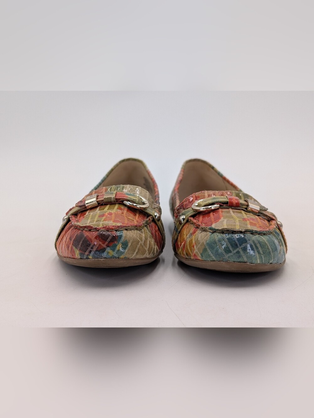 Anne Klein iflex Savina Sz 7.5 Multicolor Coral/Teal Croc Loafers Gold Buckles - Picture 12 of 16